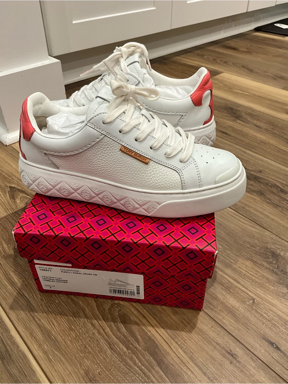 Tory Burch Ladybug White Leather Sneakers with Coral Heel Sz 7 Worn Once!